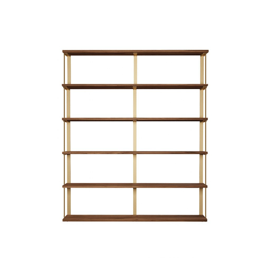 Large Wall-mounted shelving unit with 60" long solid wood shelves, 72" high solid American steel bookshelf brackets with bookend detail.  6 floating shelves with heavy-duty shelf brackets. Black Walnut shelving with brass powder coat finish on the brackets. Handmade in USA by Vault Furniture