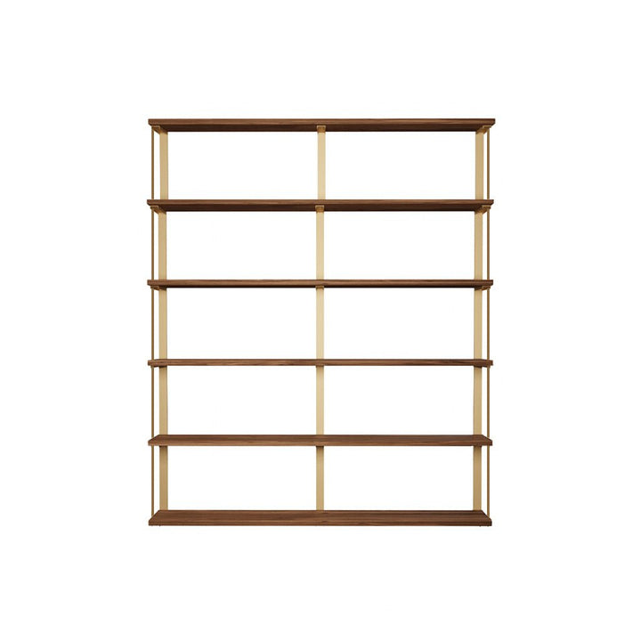 Large Wall-mounted shelving unit with 60" long solid wood shelves, 72" high solid American steel bookshelf brackets with bookend detail.  6 floating shelves with heavy-duty shelf brackets. Black Walnut shelving with brass powder coat finish on the brackets. Handmade in USA by Vault Furniture