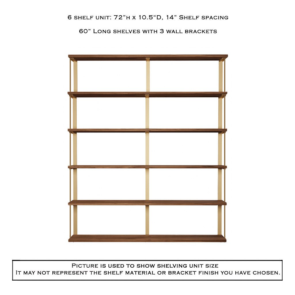 Wall Mount 6 Shelf Unit: 72" Height with Bookend Brackets