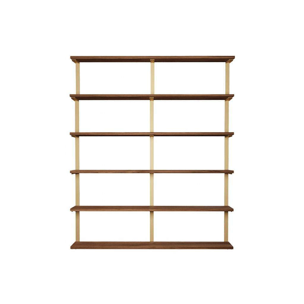 wall mounted shelving unit. tall shelving unit with black walnut shelves and solid steel black floating shelf brackets.