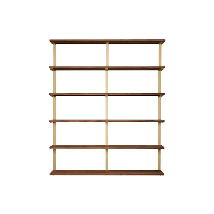 wall mounted shelving unit. tall shelving unit with black walnut shelves and solid steel black floating shelf brackets.