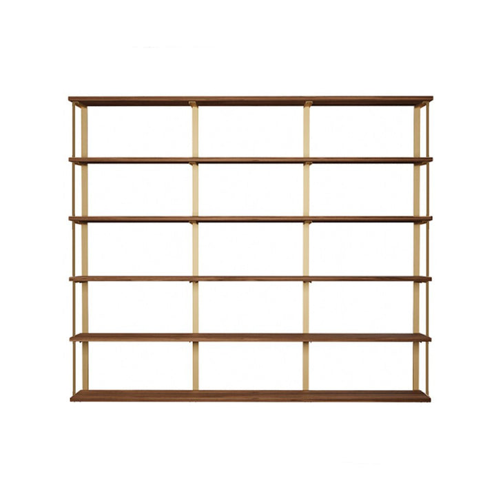 Large Wall mounted shelving unit with 84" long solid walnut wood shelves, 72" high solid American steel bookshelf brackets with bookend detail.  6 floating wood shelves with heavy-duty bookshelf brackets. Walnut is dark wood shelving with brass powder coat finish on the shelf brackets. handmade in USA by Vault Furniture