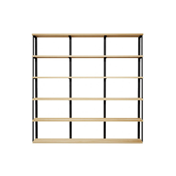 Large Wall mounted shelving unit with 72" long solid ash wood shelves, 72" high solid American steel bookshelf brackets with bookend detail.  6 floating wood shelves with heavy-duty bookshelf brackets. Ash, light wood shelving with black powder coat finish on the shelf brackets. handmade in USA by Vault Furniture