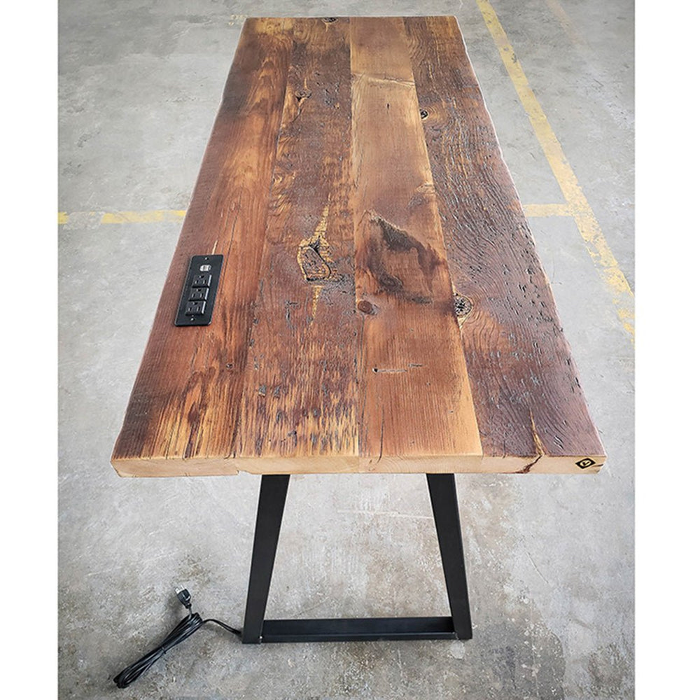 Modern Industrial computer desk with power strip. American made reclaimed pine and steel by Vault Furniture