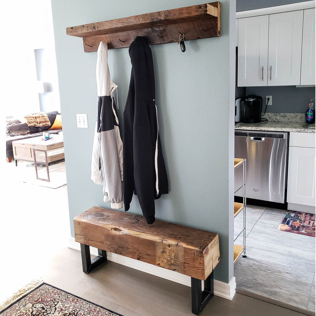 Narrow Entryway beam bench with reclaimed wood coat rack