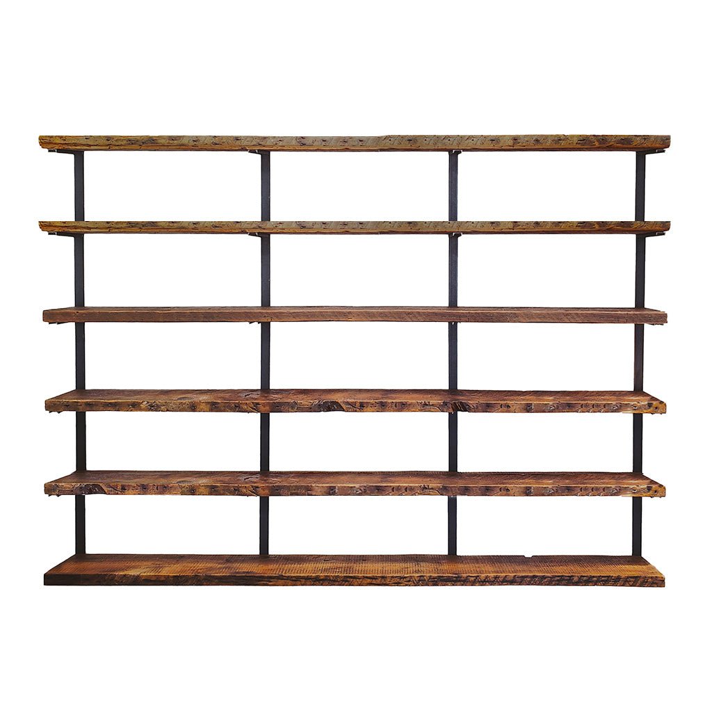 Big wall shelves 6 bookshelf 6ft high x 8ft long reclaimed wood and steel. Vault Furniture