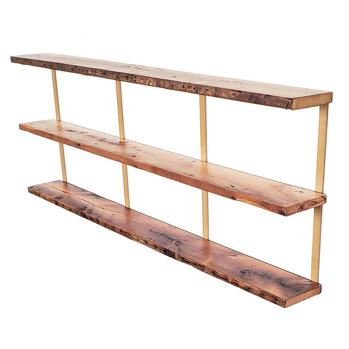 Modern Minimal Mid-century Floating Reclaimed Pine Shelves with Brass Shelf Brackets. Vault Furniture