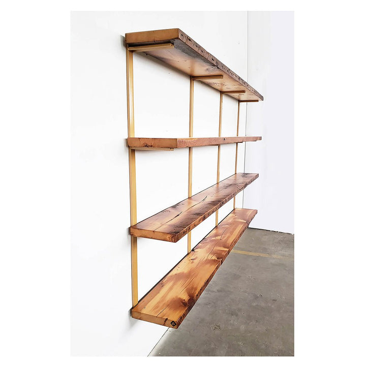 Brass bracket 4 shelf wall mount steel bracket with brass powder coat finish. Vault Furniture