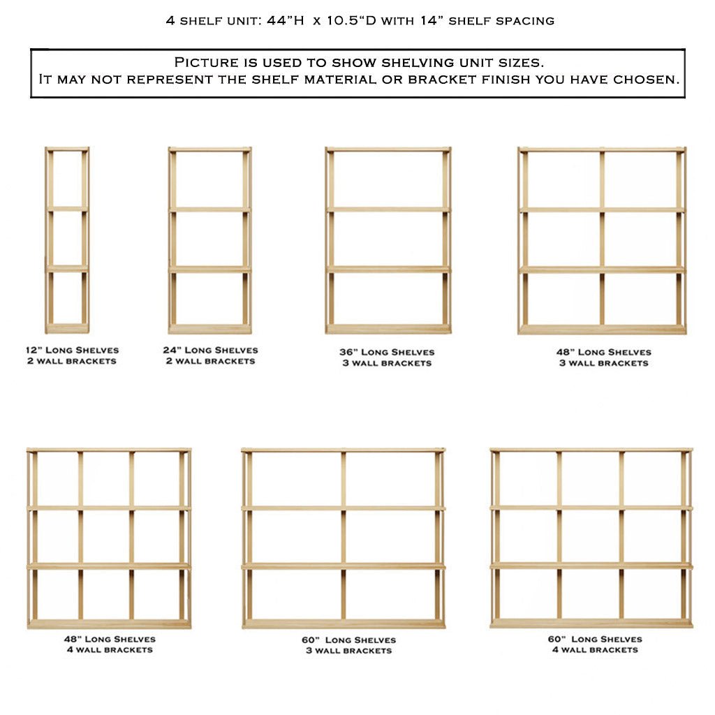 Wall Mounted Shelving: 4 Shelf Unit with Bookends 44" H