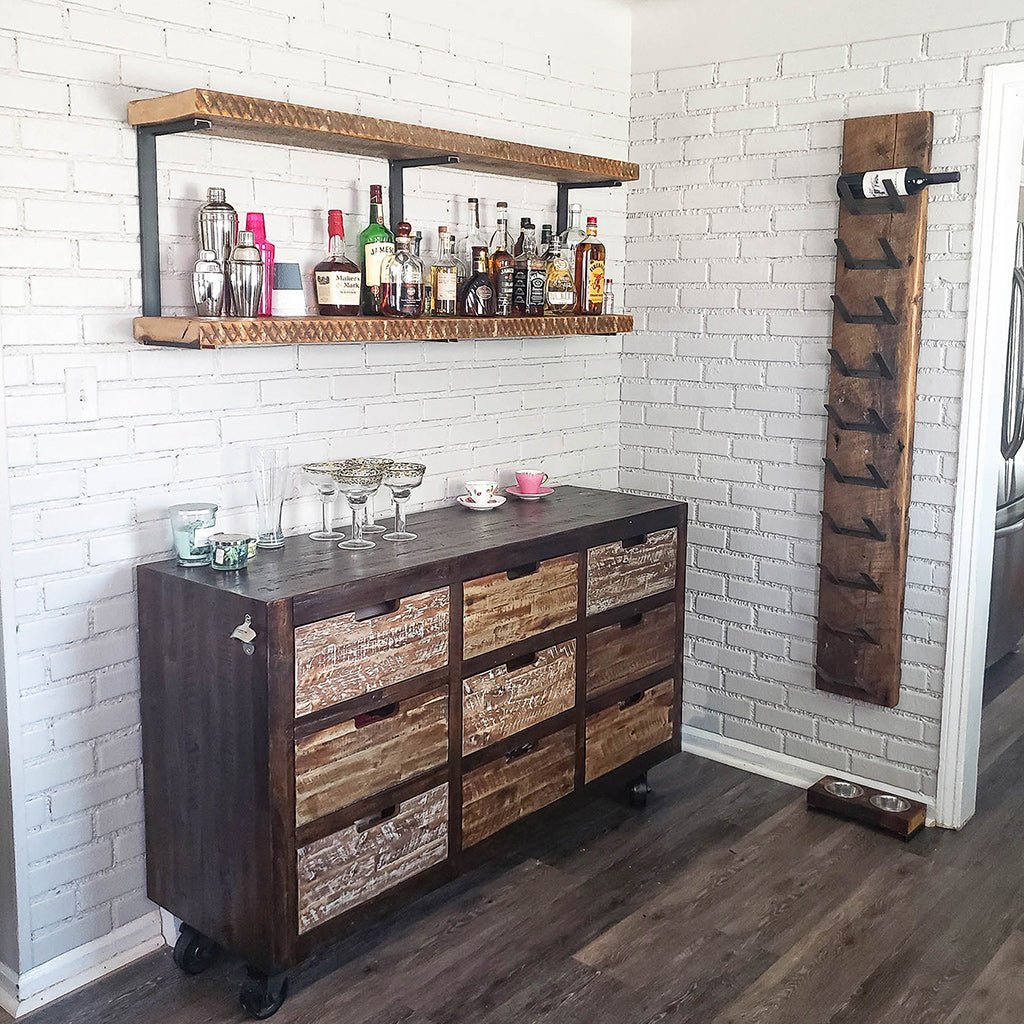 Dry bar liquor shelves reclaimed pine steel 2 shelf 20 inch by Vault Furniture