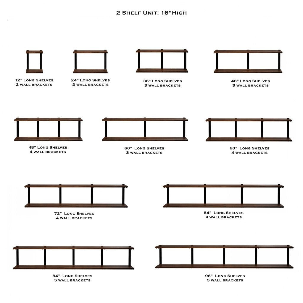 Floating wall shelves, 16" High 2 Shelf unit with black walnut and steel brackets