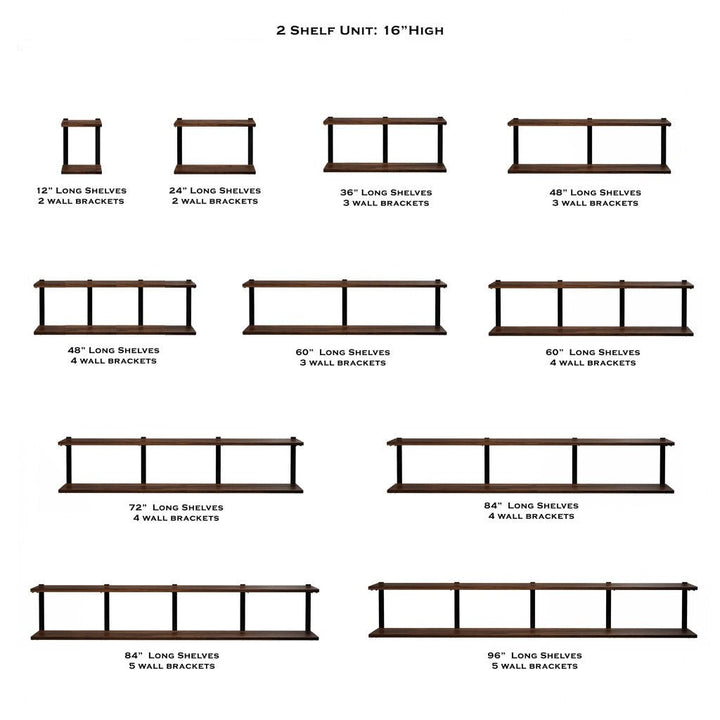 Floating wall shelves, 16" High 2 Shelf unit with black walnut and steel brackets