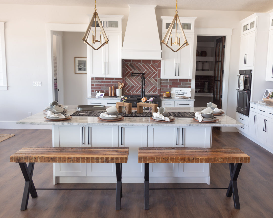 farmhouse kitchen island bench seats reclaimed wood and x metal leg by Vault Furniture