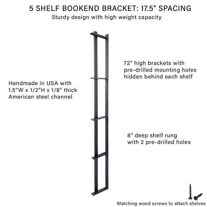 Solid steel shelf bracket 72"H, 5-tier with bookend made in USA by Vault furniture