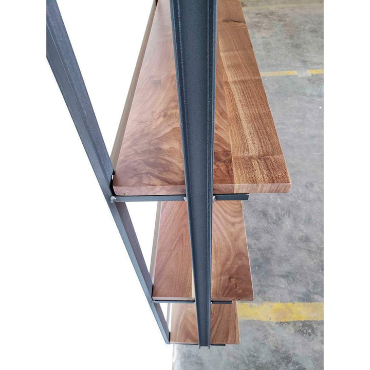 American Steel Channel Shelf Brackets with Bookends for Wall Mount Black Walnut Shelves. American made with powder coat finish by Vault Furniture