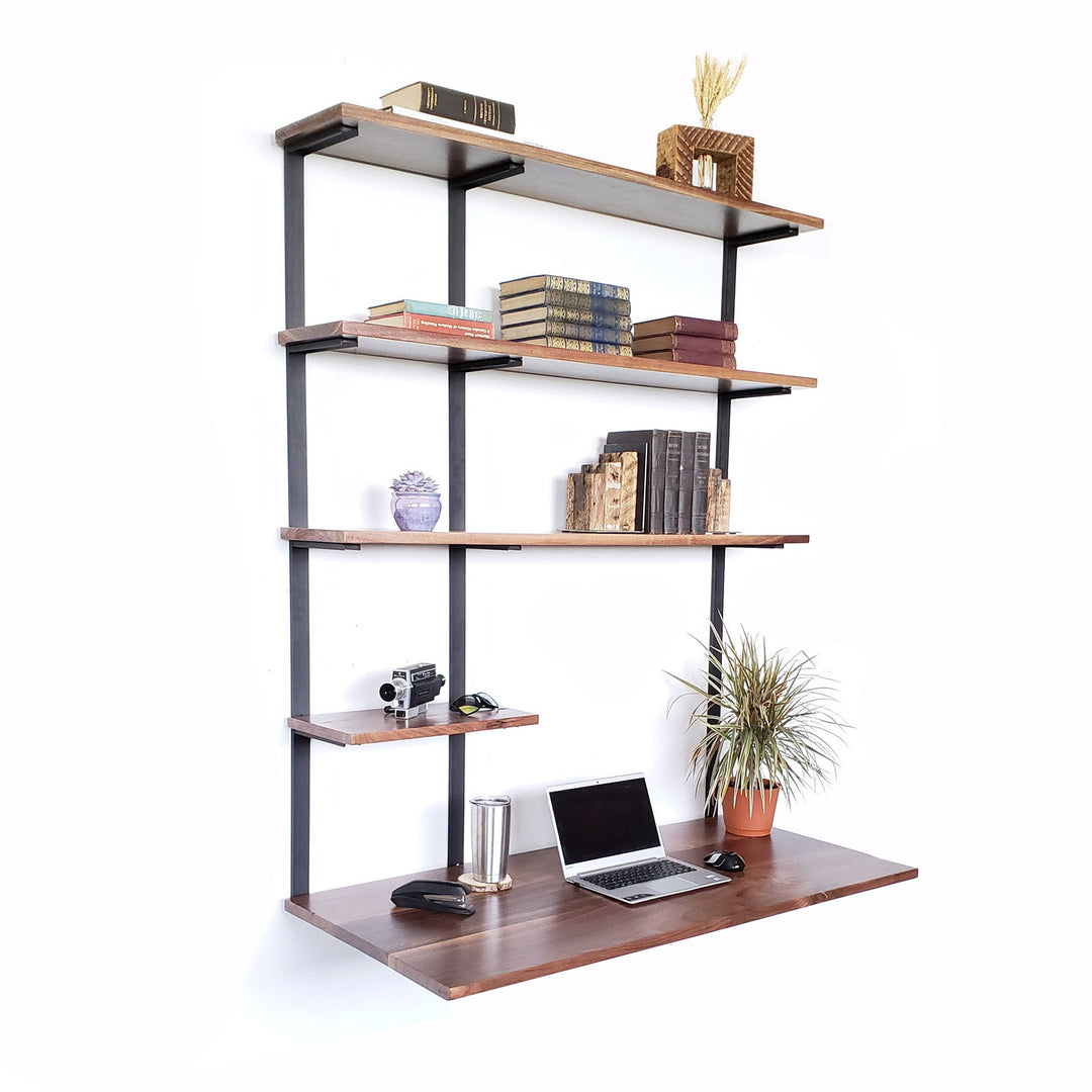 Wall-mount steel brackets for floating desk with 4 shelves Vault Furniture