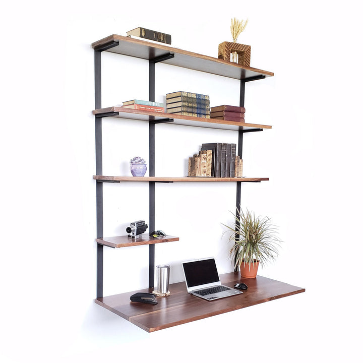 Wall-mount steel brackets for floating desk with 4 shelves Vault Furniture
