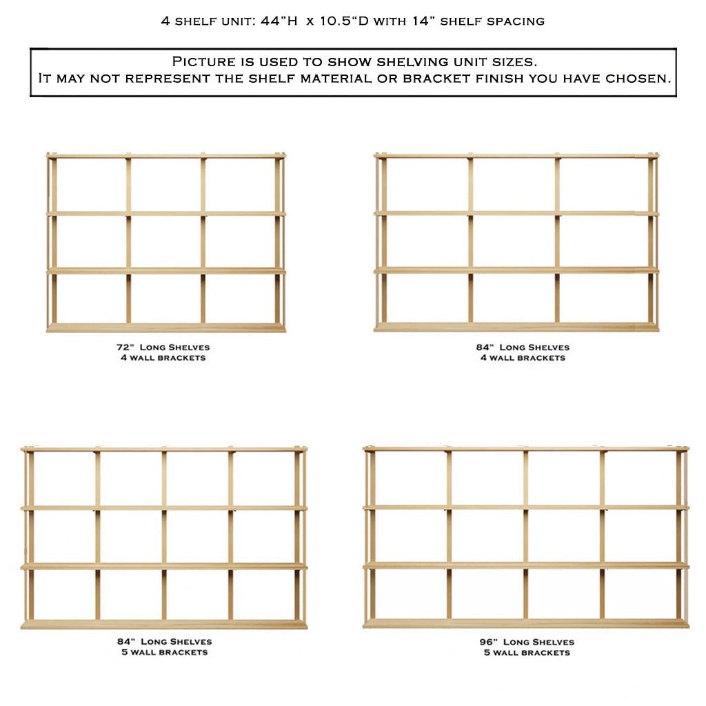 Wall Mounted Shelving: 4 Shelf Unit with Bookends 44" H