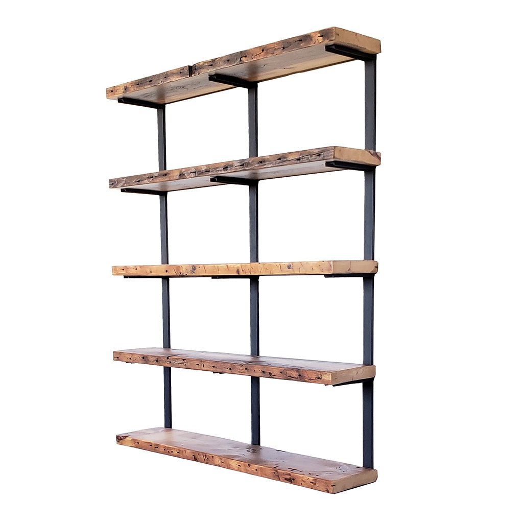 Large farmhouse bookshelf 5 shelves 58"H reclaimed pine and black brackets. Vault Furniture