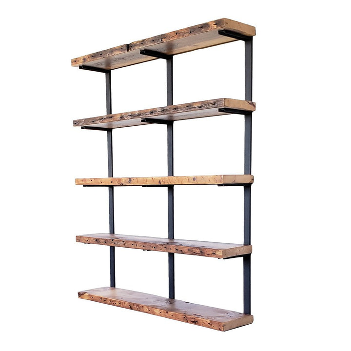 Large farmhouse bookshelf 5 shelves 58"H reclaimed pine and black brackets. Vault Furniture