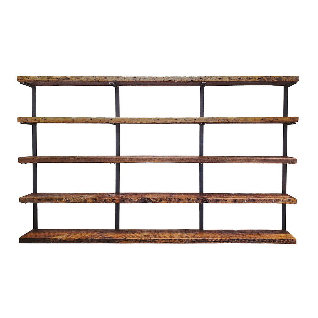 Large farm-house shelving 5 shelf 58" reclaimed pine and black steel bracket. Vault Furniture