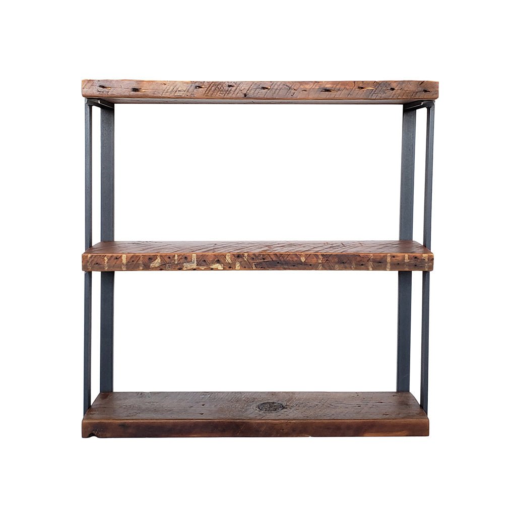 Lodge style wall shelf 3-tier 36"L reclaimed pine shelves 37"H wall bracket with bookends