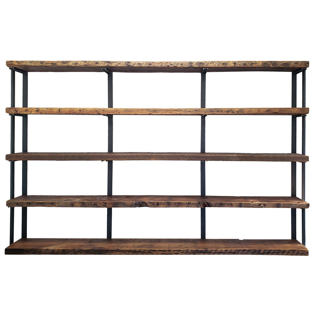 Modern farmhouse bookcase 5-tier 72"L reclaimed pine shelves with 58"H steel brackets 
