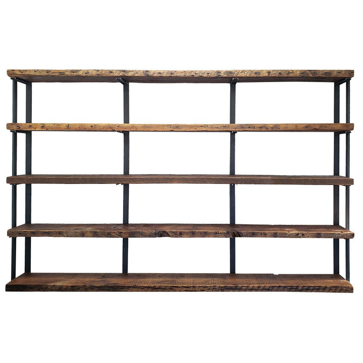 Modern farmhouse bookcase 5-tier 72"L reclaimed pine shelves with 58"H steel brackets