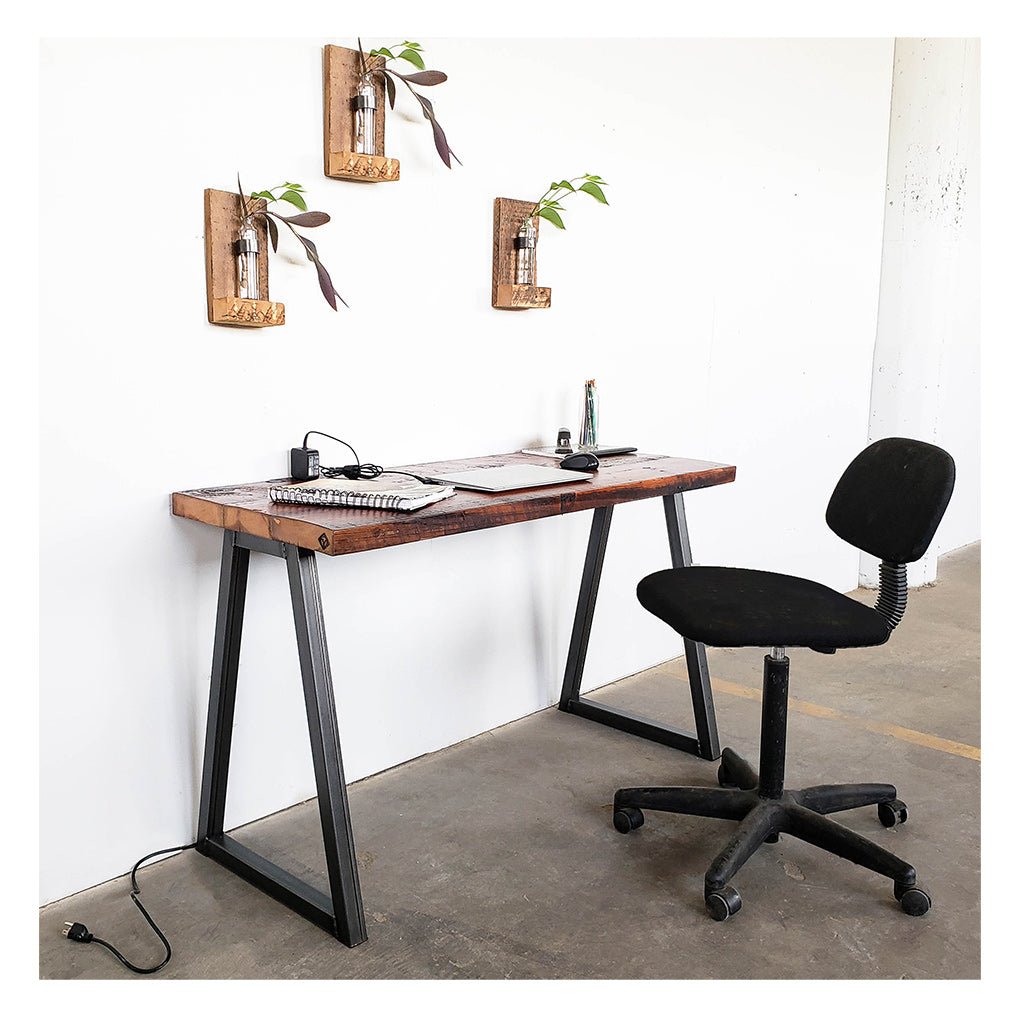 Farmhouse desk reclaimed pine top and steel base. Vault Furniture