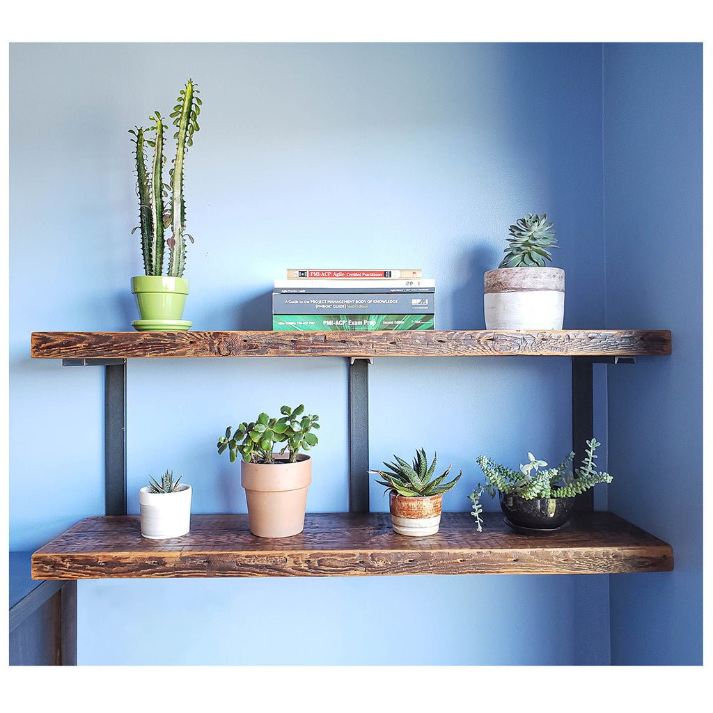 industrial wall shelves/ reclaimed wood shelving unit with steel brackets