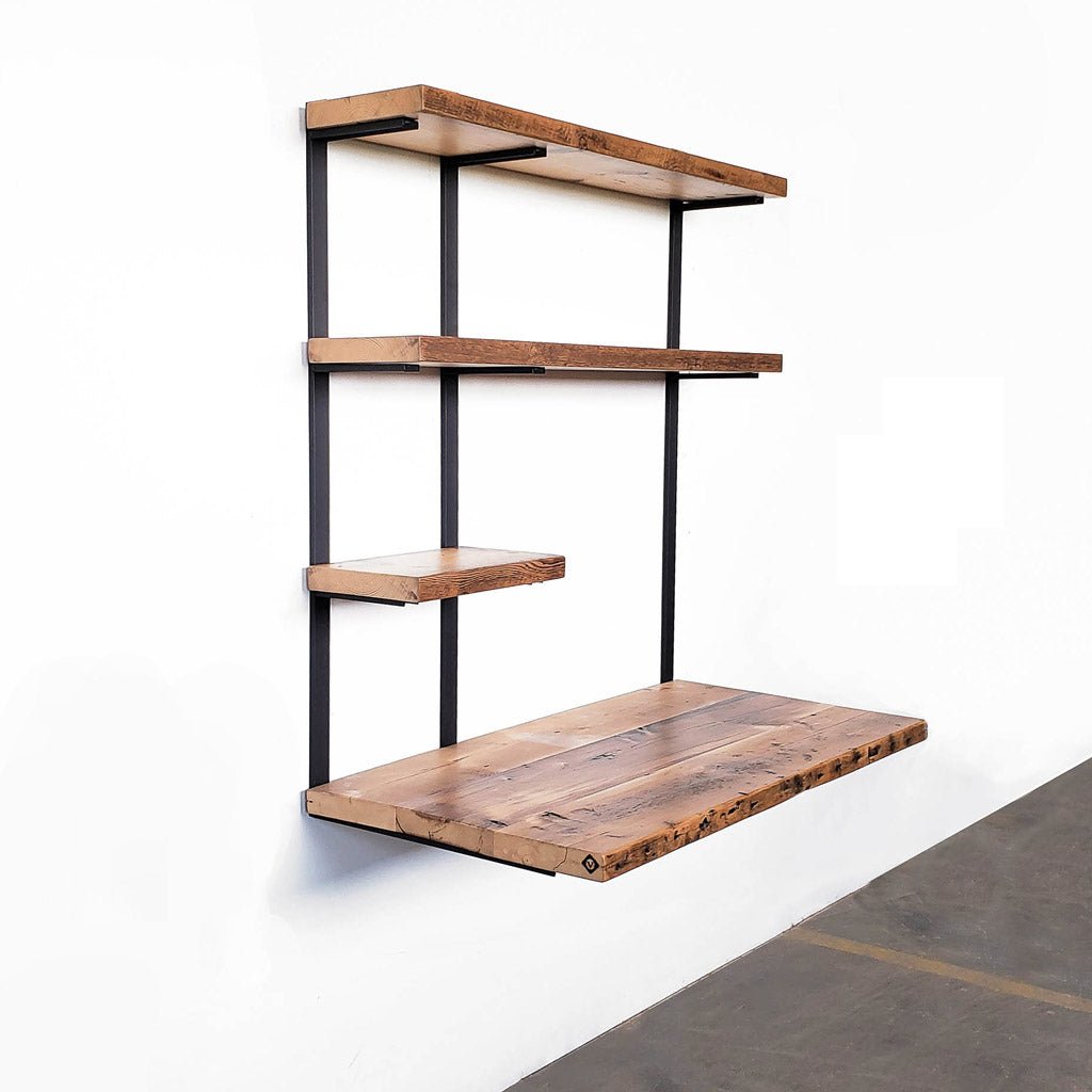 Reclaimed wood floating desk with 3 shelves by Vault Furniture