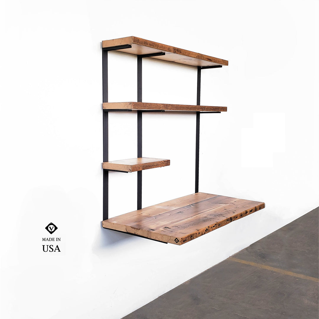 rustic modern reclaimed wood and steel floating desk with three shelves for home office by vault furniture