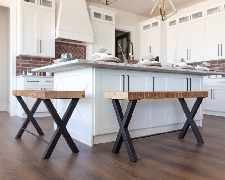Rustic Kitchen island bench "x" leg with reclaimed wood top by Vault Furniture