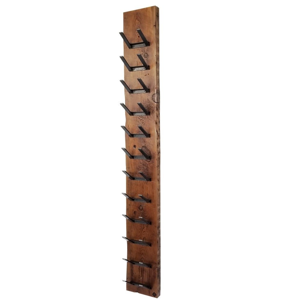 Large wall mount wine rack handmade in USA with reclaimed pine and steel.