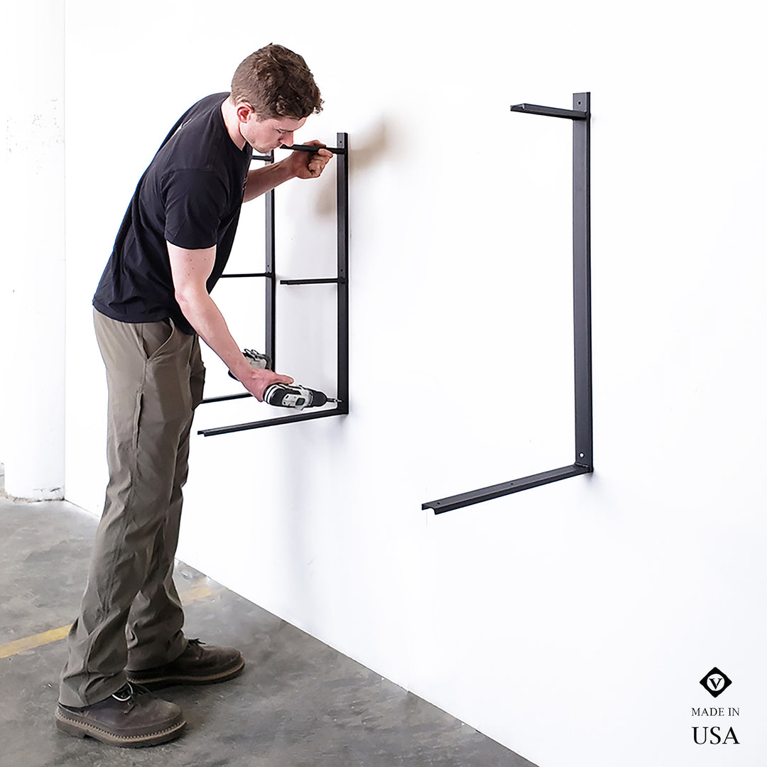 Metal bracket set for wall mount floating desk and shelves by Vault Furniture
