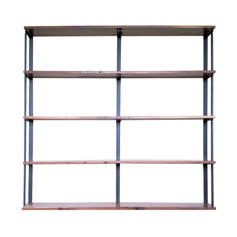 American made storage shelving 72" solid black walnut shelves with low VOC finish and metal support by Vault Furniture