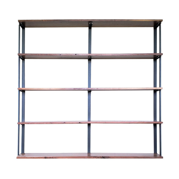 American made storage shelving 72" solid black walnut shelves with low VOC finish and metal support by Vault Furniture
