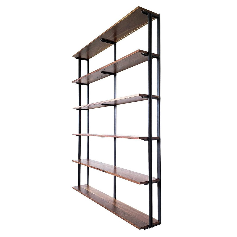 90" Tall 6 tier storage shelving with 72" Long Black Walnut shelves and solid American steel book-end brackets by Vault Furniture