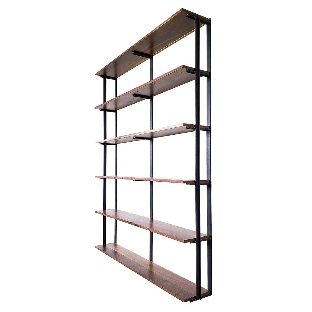 90" Tall 6 tier storage shelving with 72" Long Black Walnut shelves and solid American steel book-end brackets by Vault Furniture