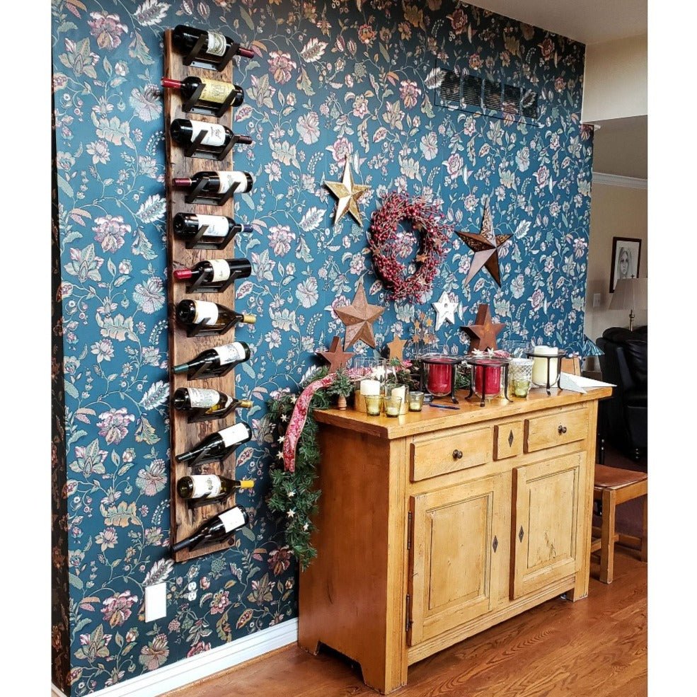 Rustic Industrial Wall mount 12 Bottle wine rack. Handmade from reclaimed pine and steel by Vault Furniture