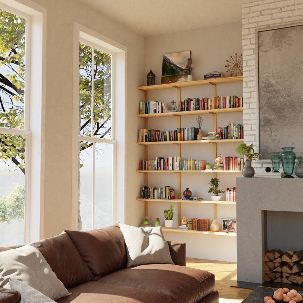 6-shelf wall-mounted bookshelves in solid wood and steel, styled with books and décor in a modern home interior.