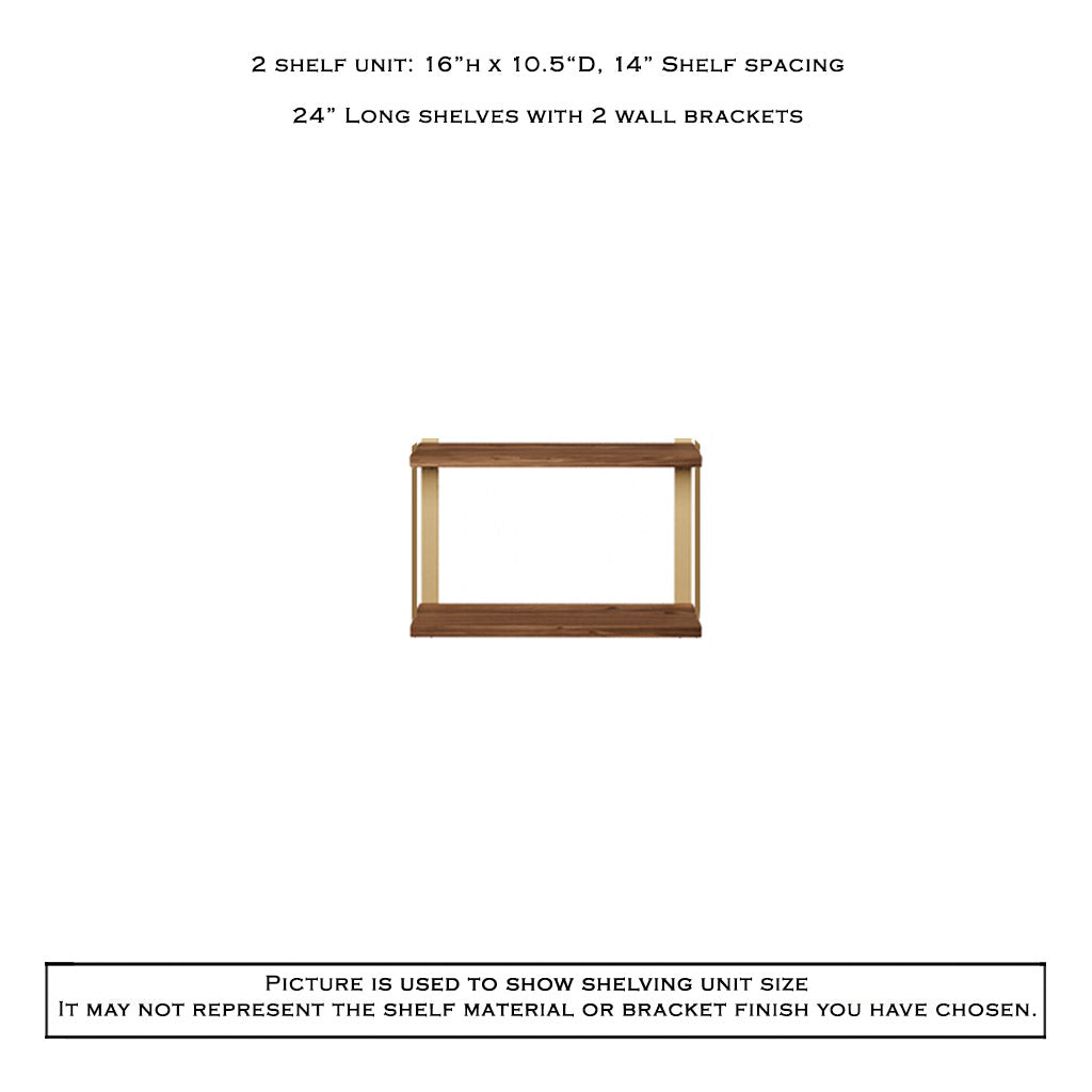 2 tier wood shelving unit black walnut brass bookend brackets by Vault Furniture. 24"x16"