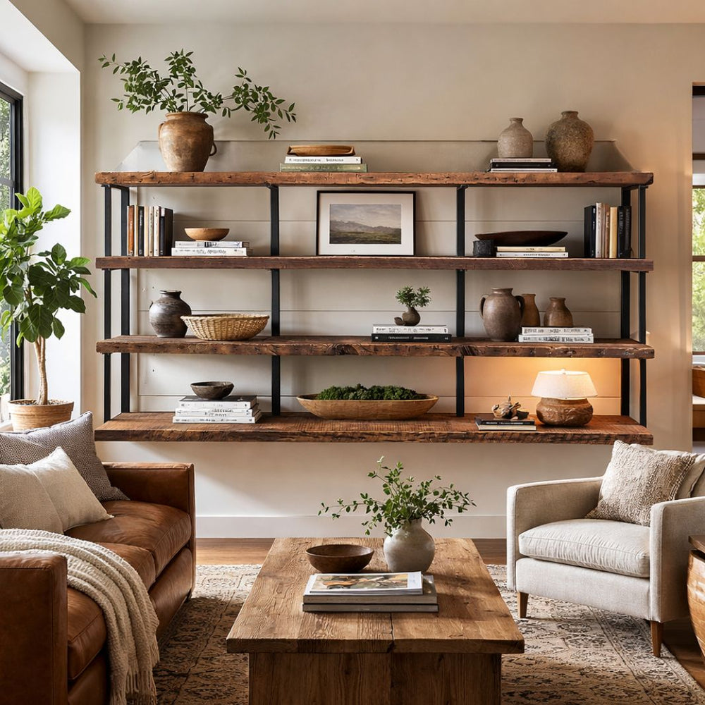 Modern rustic luxe living room with solid reclaimed wooden floating shelves with books and decor items. Wall-mounted 4-shelf unit with bookend brackets. 