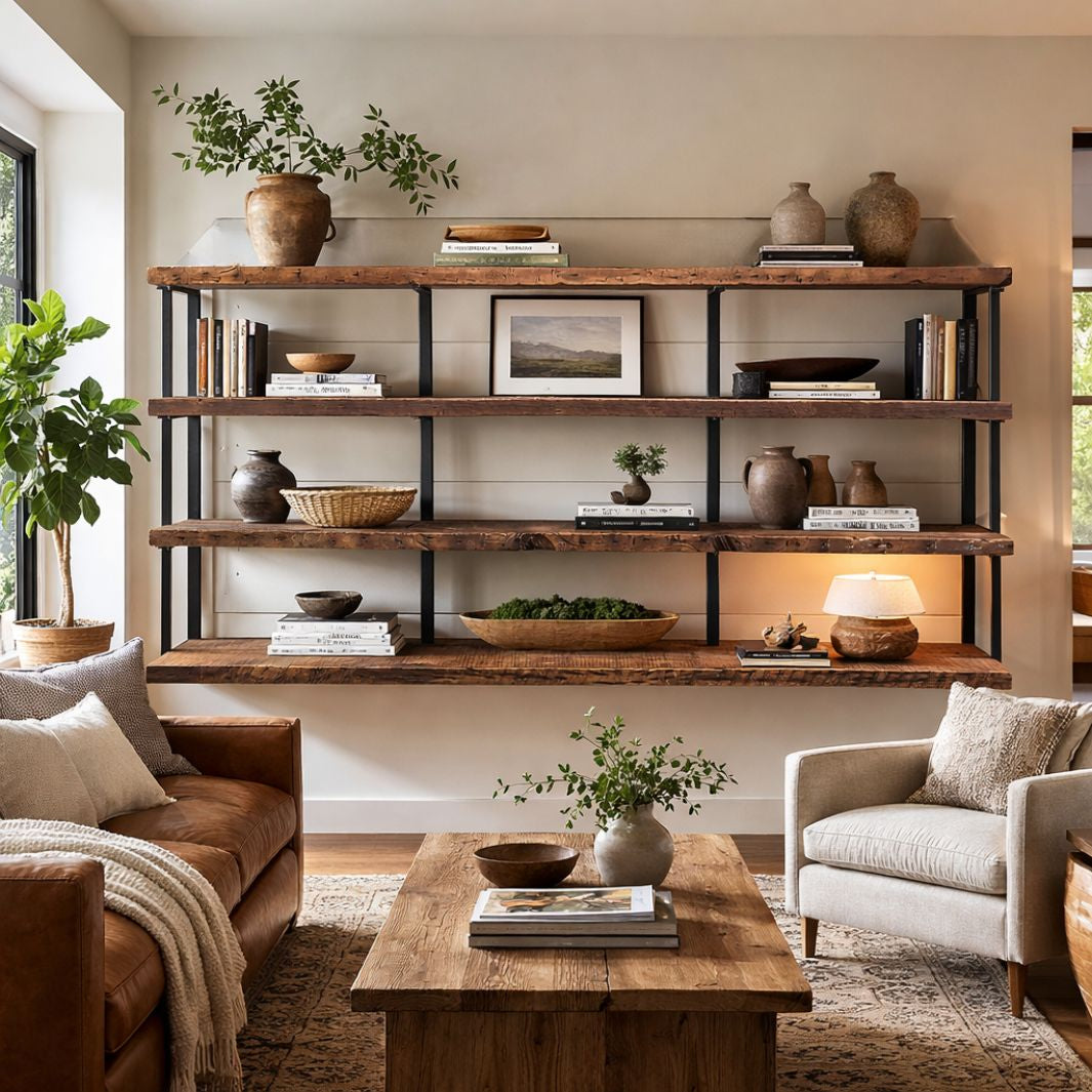 Modern rustic luxe living room with solid reclaimed wooden floating shelves with books and decor items. Wall-mounted 4-shelf unit with bookend brackets. 