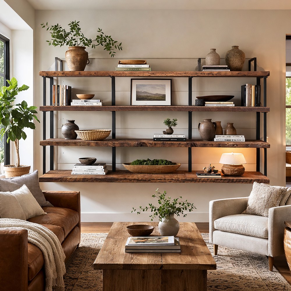 Modern rustic luxe living room with solid reclaimed wooden floating shelves with books and decor items. Wall-mounted 4-shelf unit with bookend brackets. 
