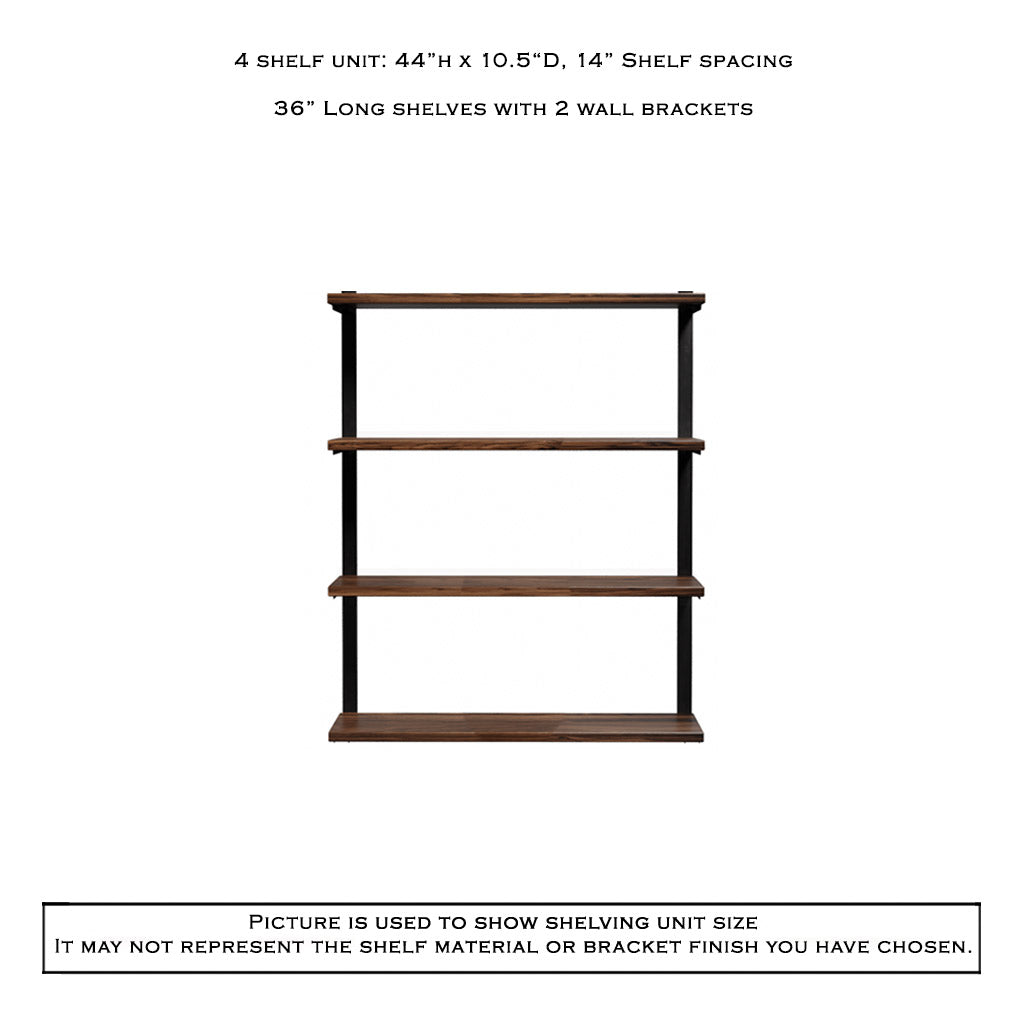 4 tier bookshelf in walnut and black brackets by Vault Furniture. 36"x44"