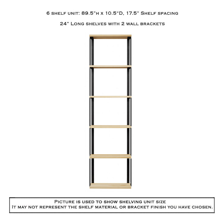 6 tier wall shelves with bookend brackets. 24"L x 89.5" by Vault Furniture