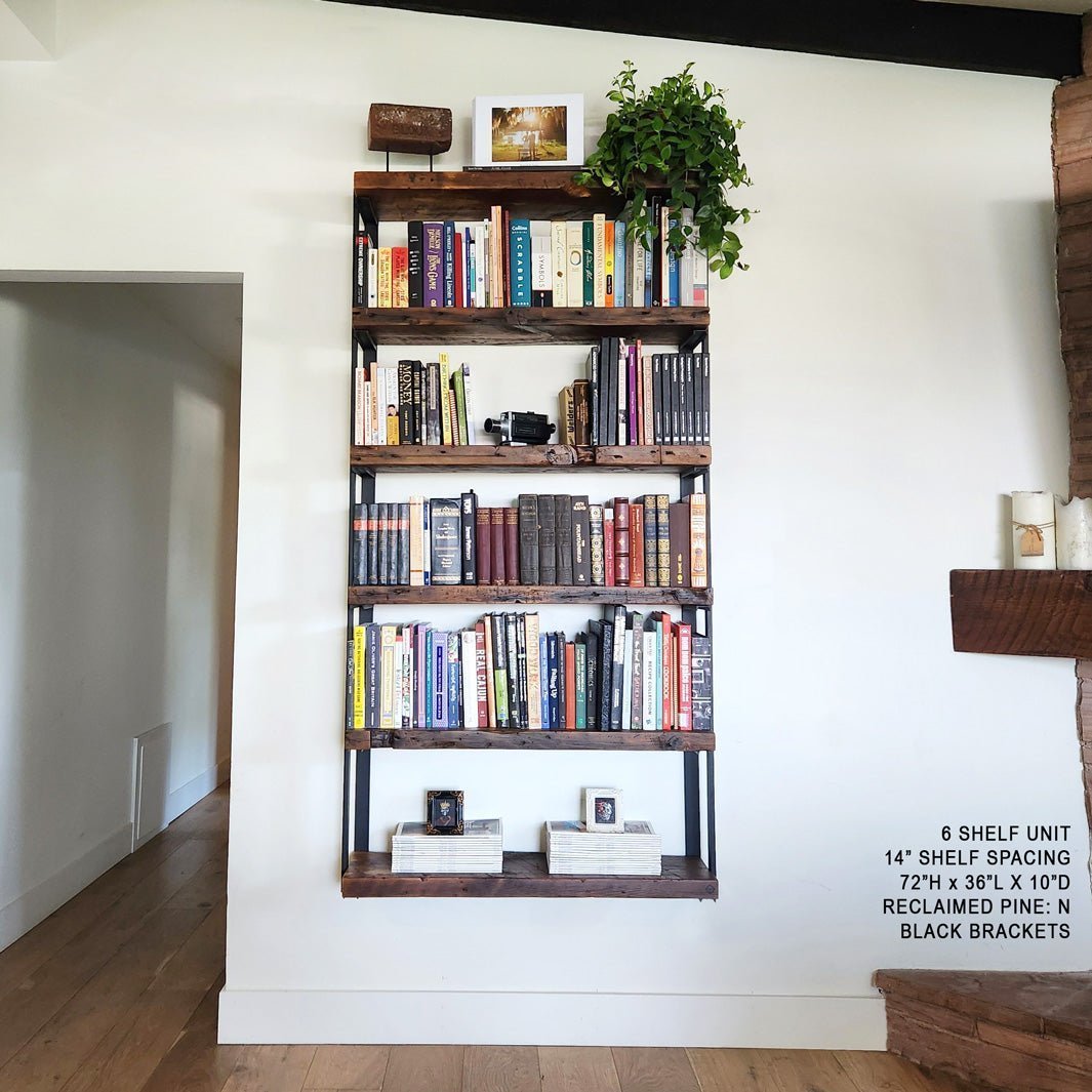 Reclaimed wood wall mount shelving unit. 6 shelves 36"x72 steel bracket,  Low VOC finish. Handmade in USA by Vault Furniture