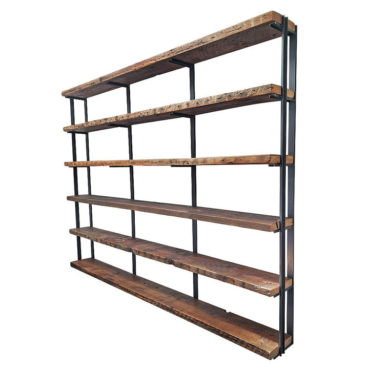 industrial wall mounted Wood and steel bookshelf with metal frame on a white background
