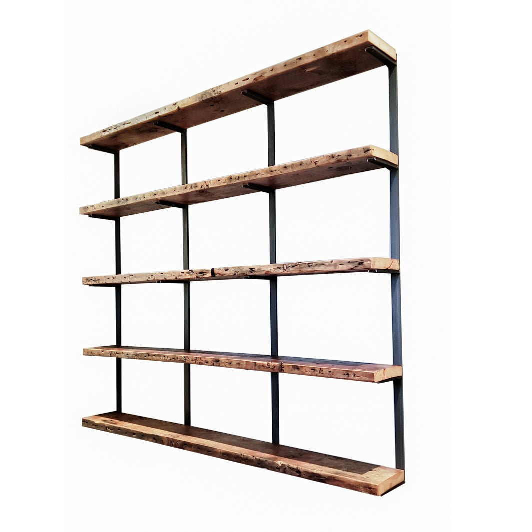 5 shelf Bookcase, 72"x72" Reclaimed pine and steel bracket, clear Low VOC finish. Handmade in USA by Vault Furniture